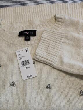 NEW Amy Byer Large Ivory Cotton Blend Rhinestone Sparkle Knit Sweater Dress
